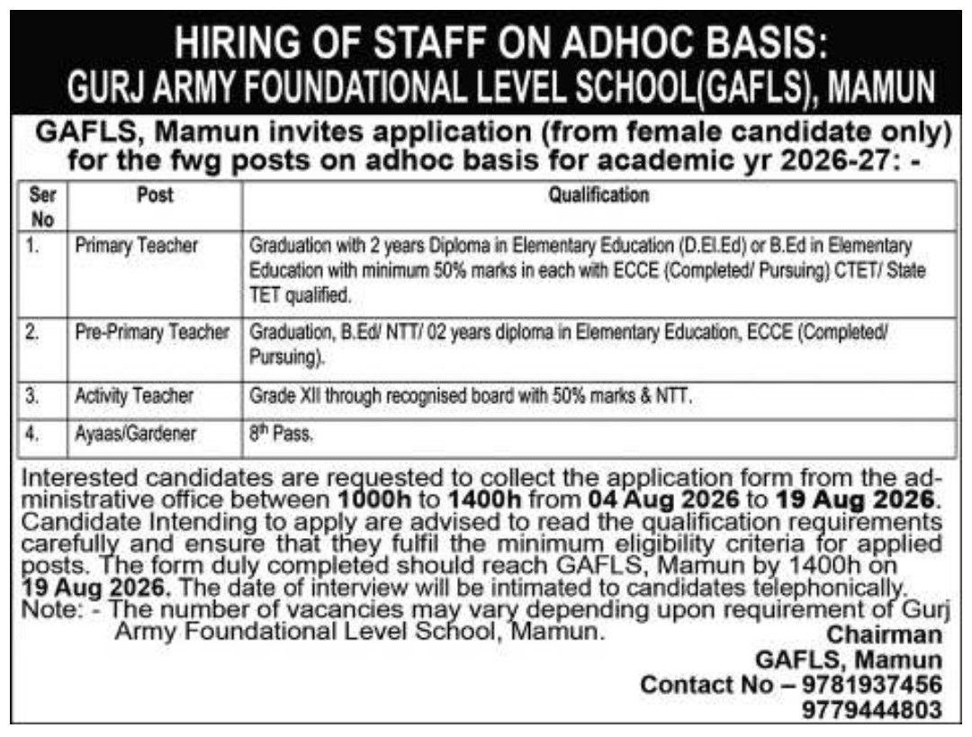Hiring of Staff on Adhoc Basis in Gurj Army Foundational Level School Mamun notification