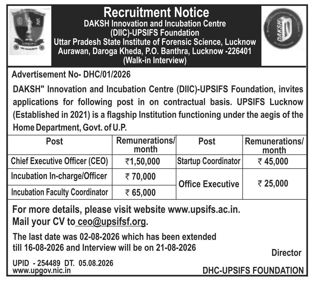 Various positions including Chief Executive Officer (CEO), Incubation In-charge/Officer, Incubation Faculty Coordinator, Startup Coordinator, Office Executive notification