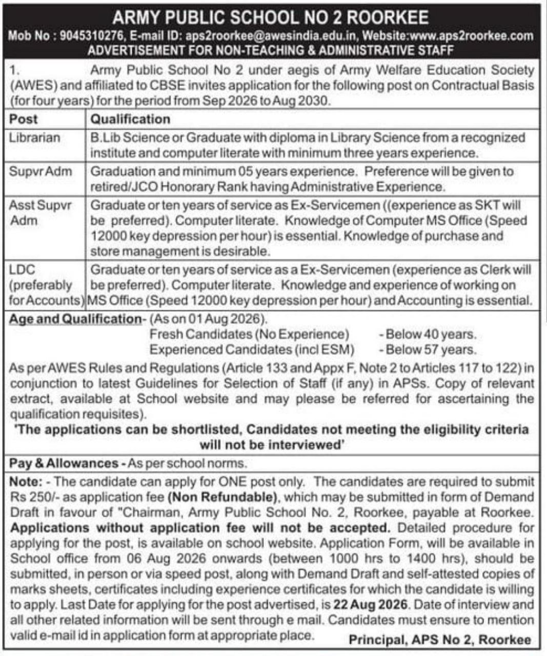 Recruitment of Non-Teaching & Administrative Staff at Army Public School No 2 Roorkee notification