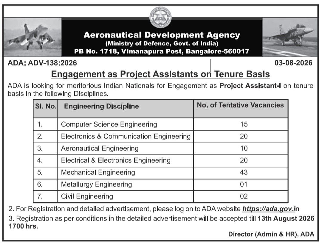 Engagement as Project Assistants on Tenure Basis in Aeronautical Development Agency Bangalore notification