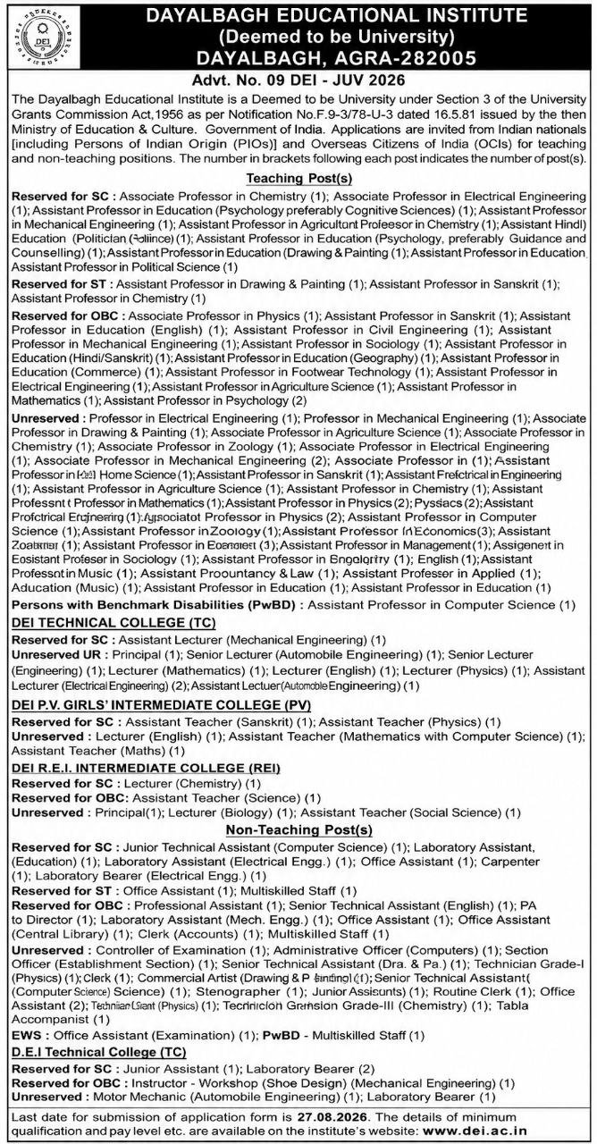 Teaching and Non-Teaching Positions- Dayalbagh Educational Institute Agra notification